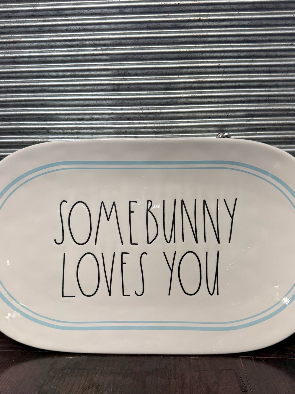 Rae Dunn Somebunny Loves You Ceramic Platter - White with Light Blue Trim